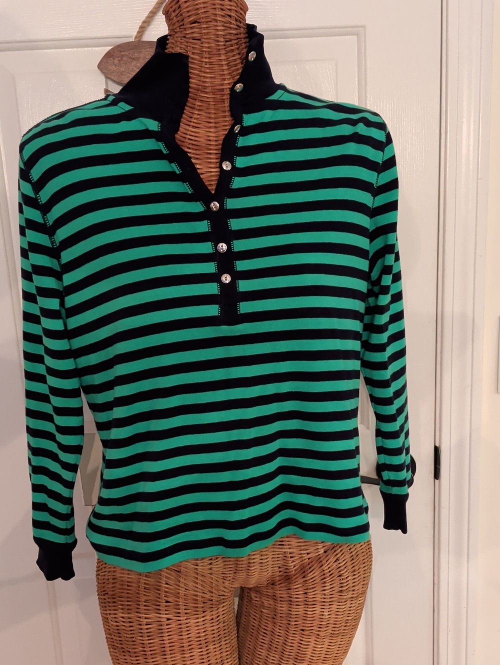Chaps Striped Cotton Long Sleeve Top Green & Black 1X Like New
